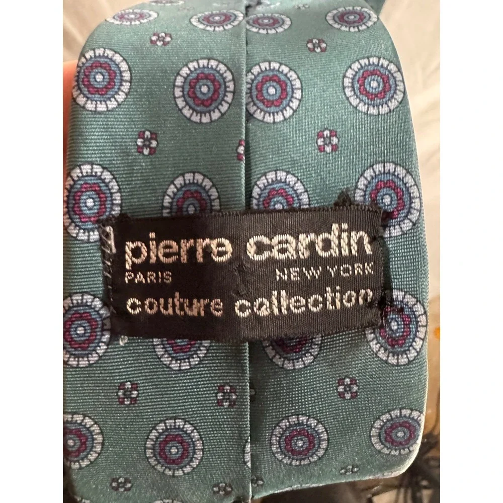 Pierre Cardin Couture Collection Silk Tie Teal Blue Medallion Geometric Vintage
